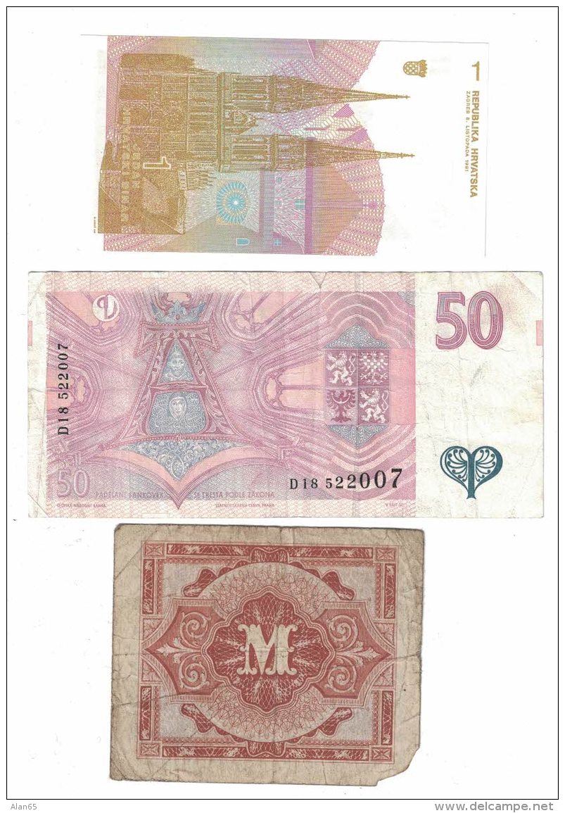 Lot Of 3 Banknotes Currency, Croatia #16 1 Dinar 1991, Czech #17 50 Korun 1997, Germany #192a 1 Mark Occupation Issue - Vrac - Billets