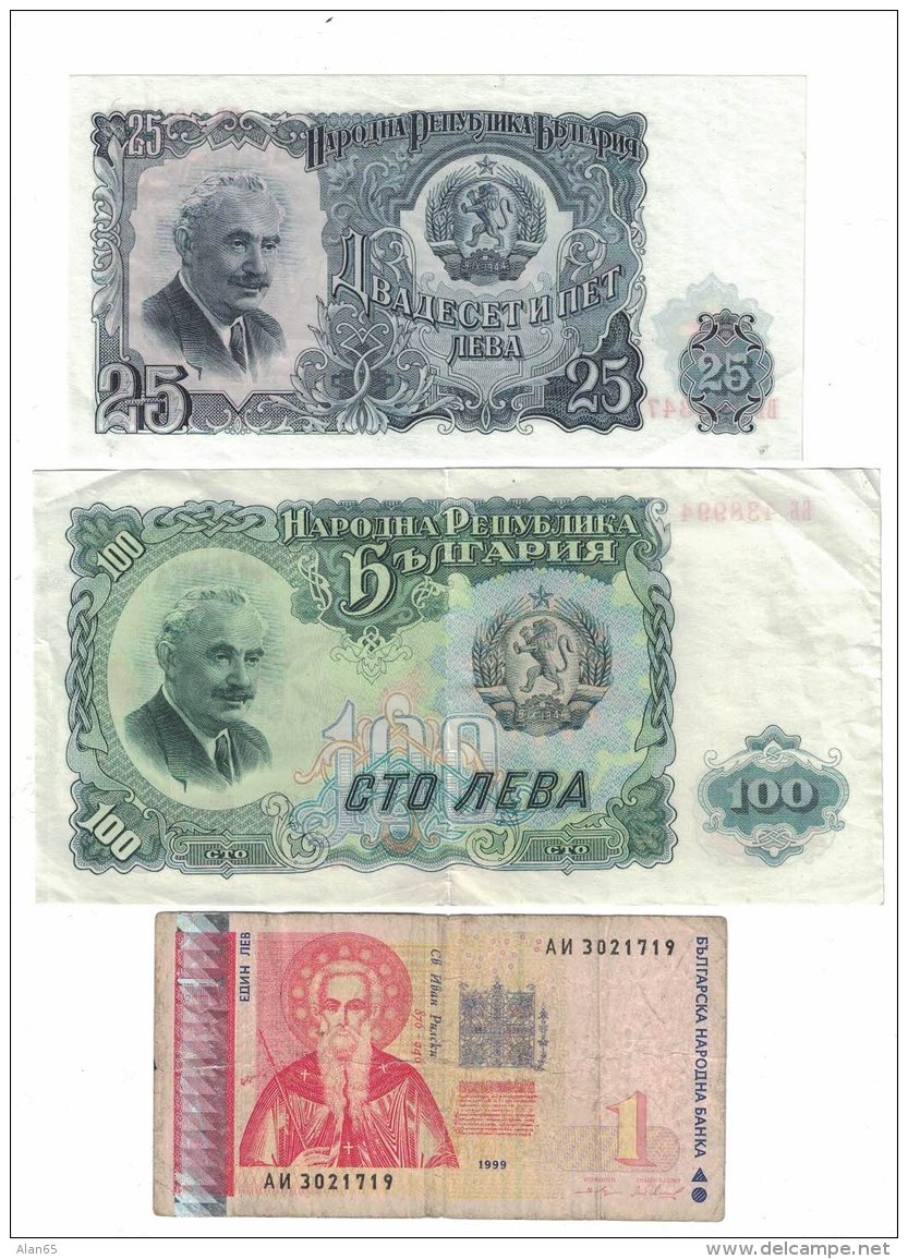 Bulgaria Lot Of 3 Banknotes Currency, #85 25 Leva 1951, #86 100 Leva 1951, #114 1 Leva 1999 Issue - Bulgaria