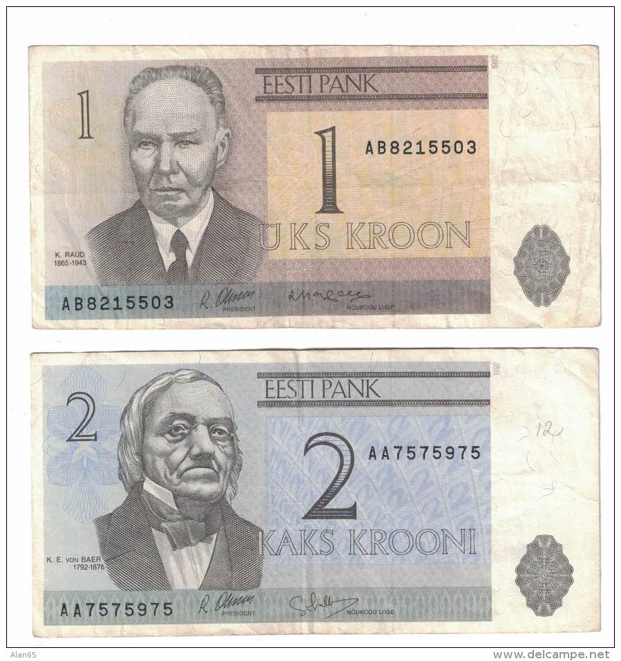 Estonia Lot Of 2 Banknotes Currency, #69 1 Kroon 1992, #70 2 Krooni 1992 Issue - Estonia