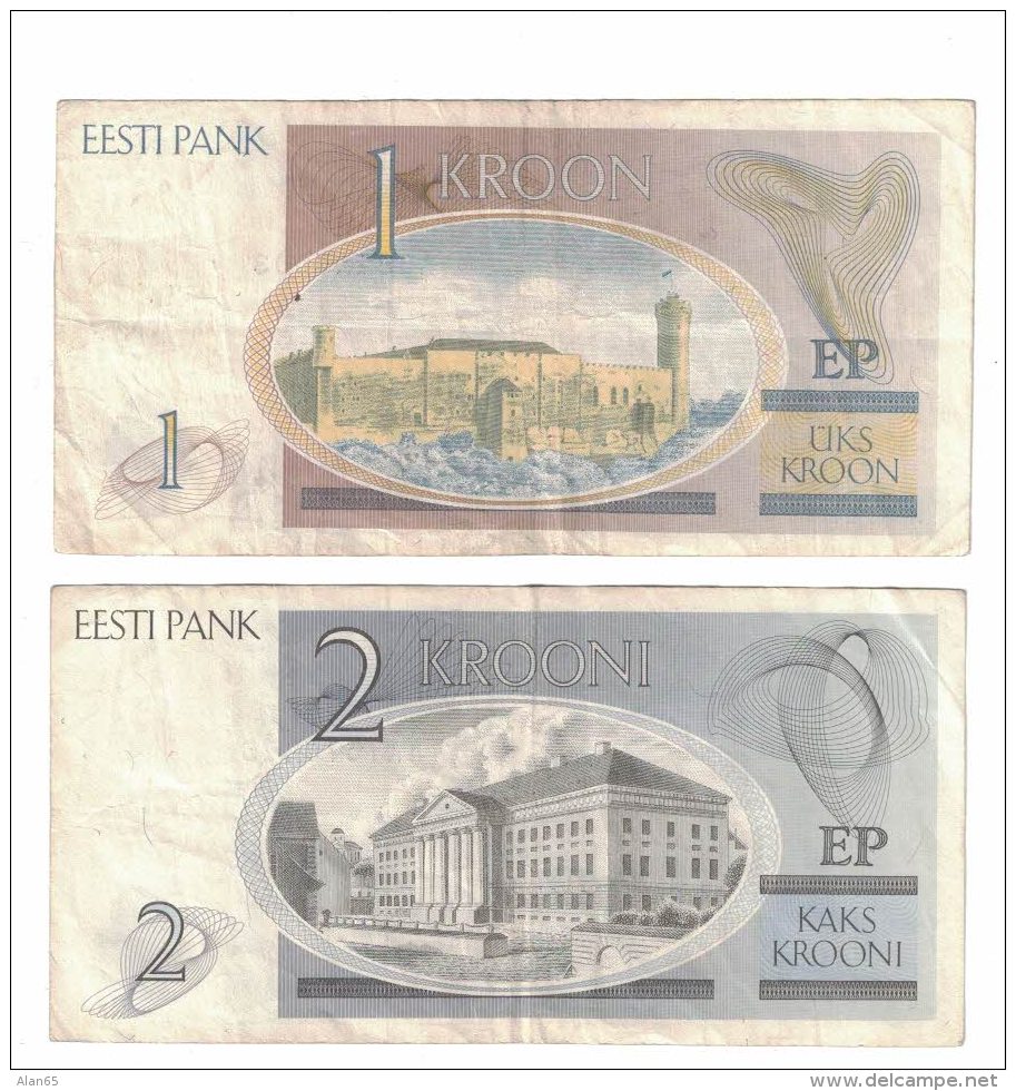 Estonia Lot Of 2 Banknotes Currency, #69 1 Kroon 1992, #70 2 Krooni 1992 Issue - Estland