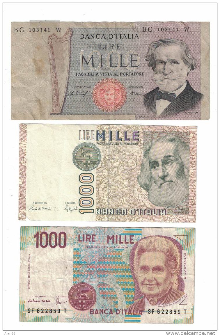 Italy Lot Of 3 1000 Lire Banknotes Currency, #101e 1977, #109b 1982, #114c C1990 Issues - Verzamelingen