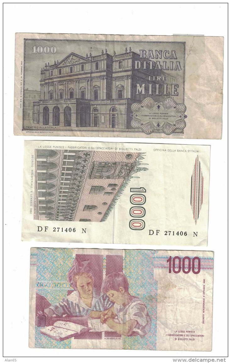 Italy Lot Of 3 1000 Lire Banknotes Currency, #101e 1977, #109b 1982, #114c C1990 Issues - Collezioni