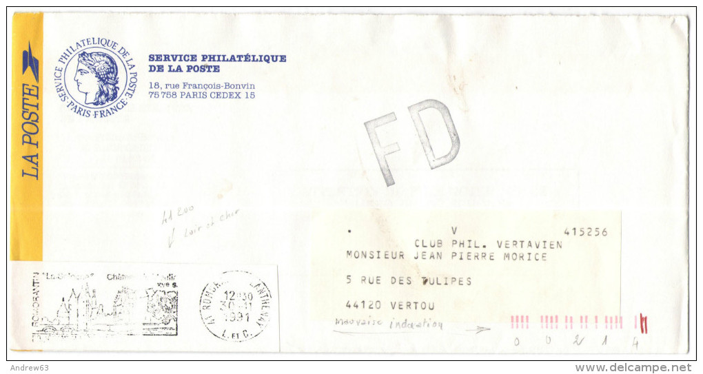 FRANCIA - France - 1991 - Franchise - Service Philatélique De La Poste - FD, Fausse Direction - Viaggiata Da Paris Pe... - Lettres Civiles En Franchise