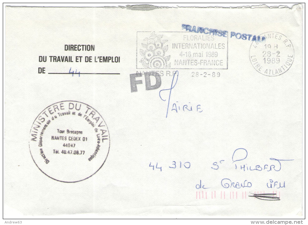 FRANCIA - France - 1989 - Franchise + Flamme Floralies Internationales + Griffe Franchise Postale - Direction Du Trav... - Frankobriefe