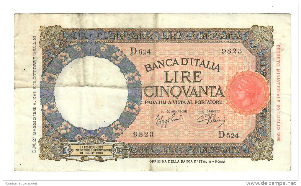 50 LIRE LUPA CAPITOLINA FASCIO ROMA 27 05 1939 BEL BIGLIETTO Naturale LOTTO 1542 - 50 Lire