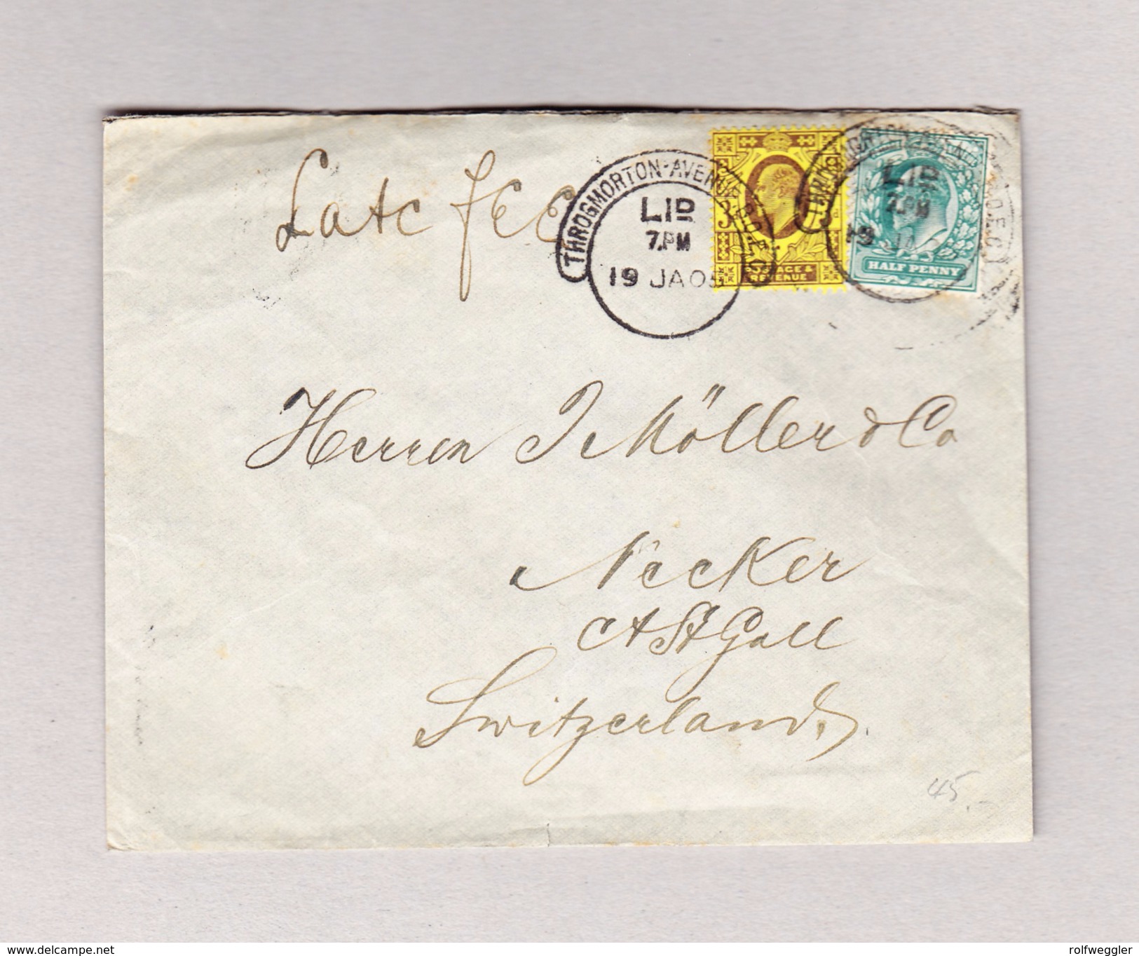 GB London Throgmorton Avenue B.O.E.C. 19.01.1905 "Hooded Cercle" Stempel Brief Nach Necker St Gallen - Lettres & Documents