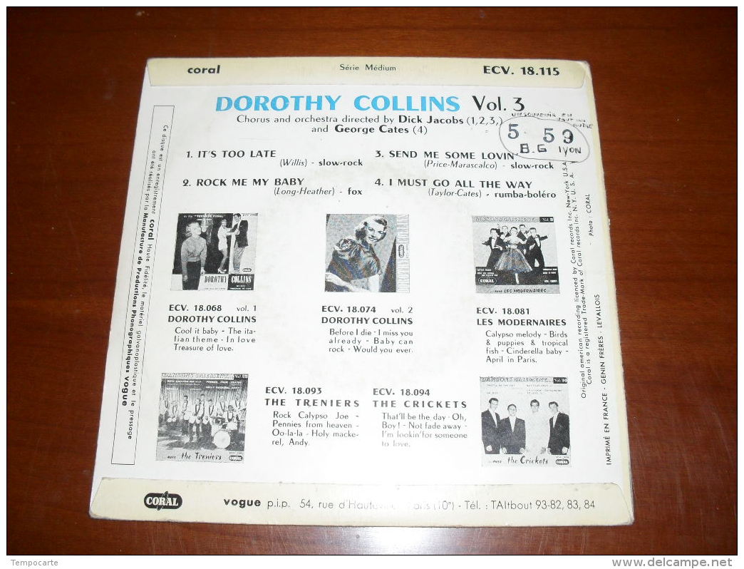 45 T - SP -  Dorothy Collins - It's Too Late - Rock