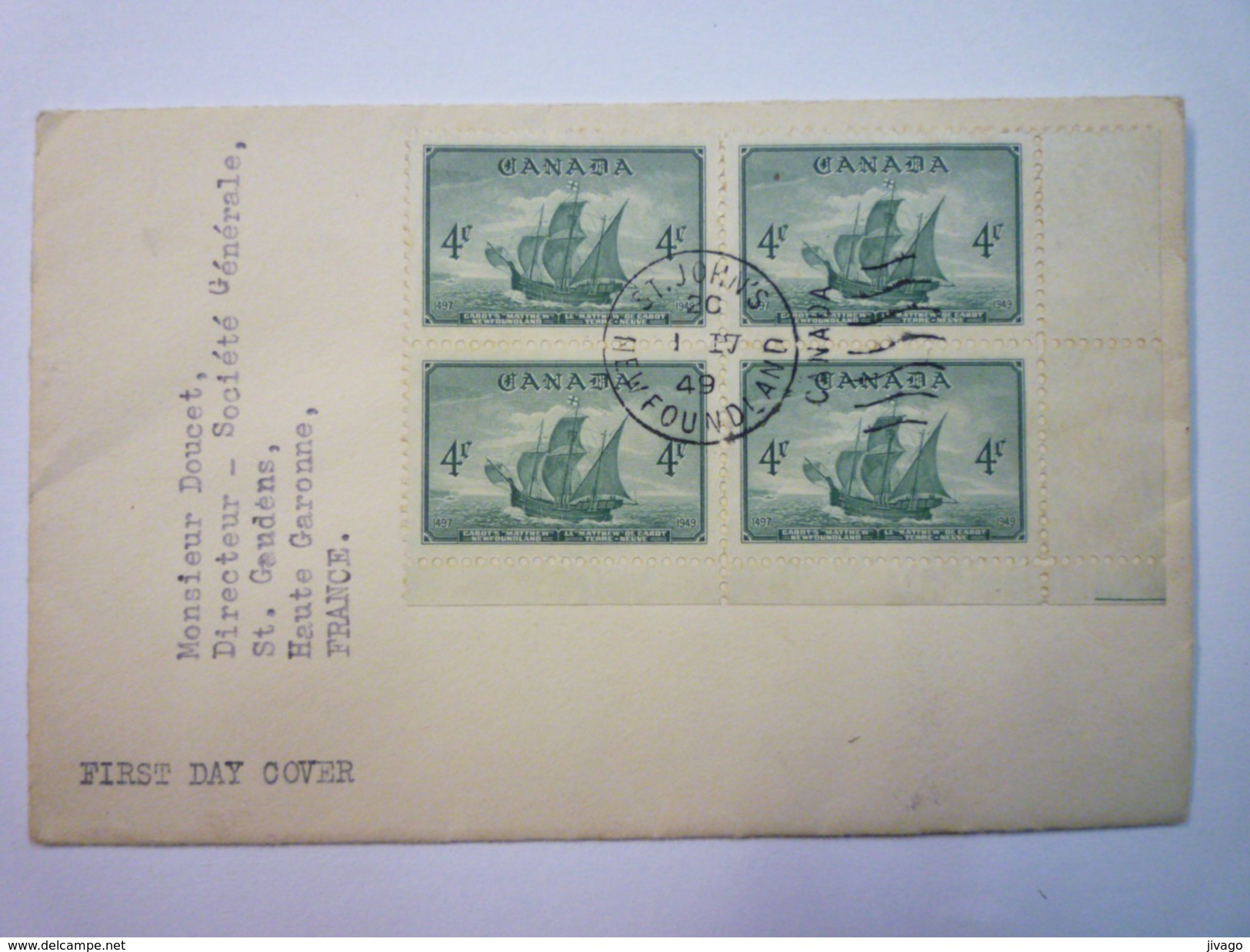 ENVELOPPE  Au Départ De ST-JOHN'S  NEW FOUNDLAND  à Destination De SAINT-GAUDENS  1949   - Cartas & Documentos