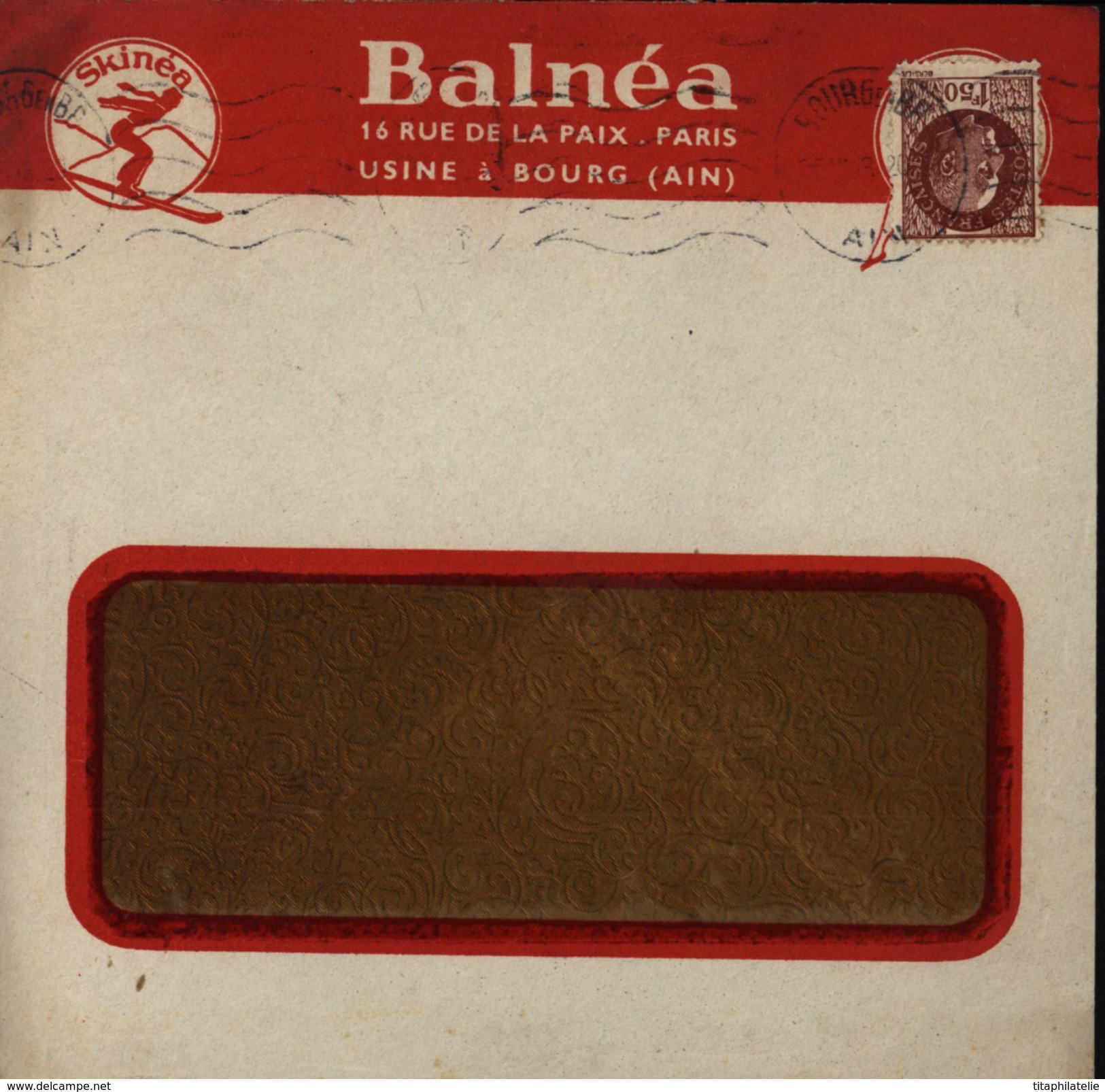 Enveloppe Illustrée Balnea Bourg En Bresse 01 Ain Skinea Skieur Ski YT 517 - 1921-1960: Modern Period