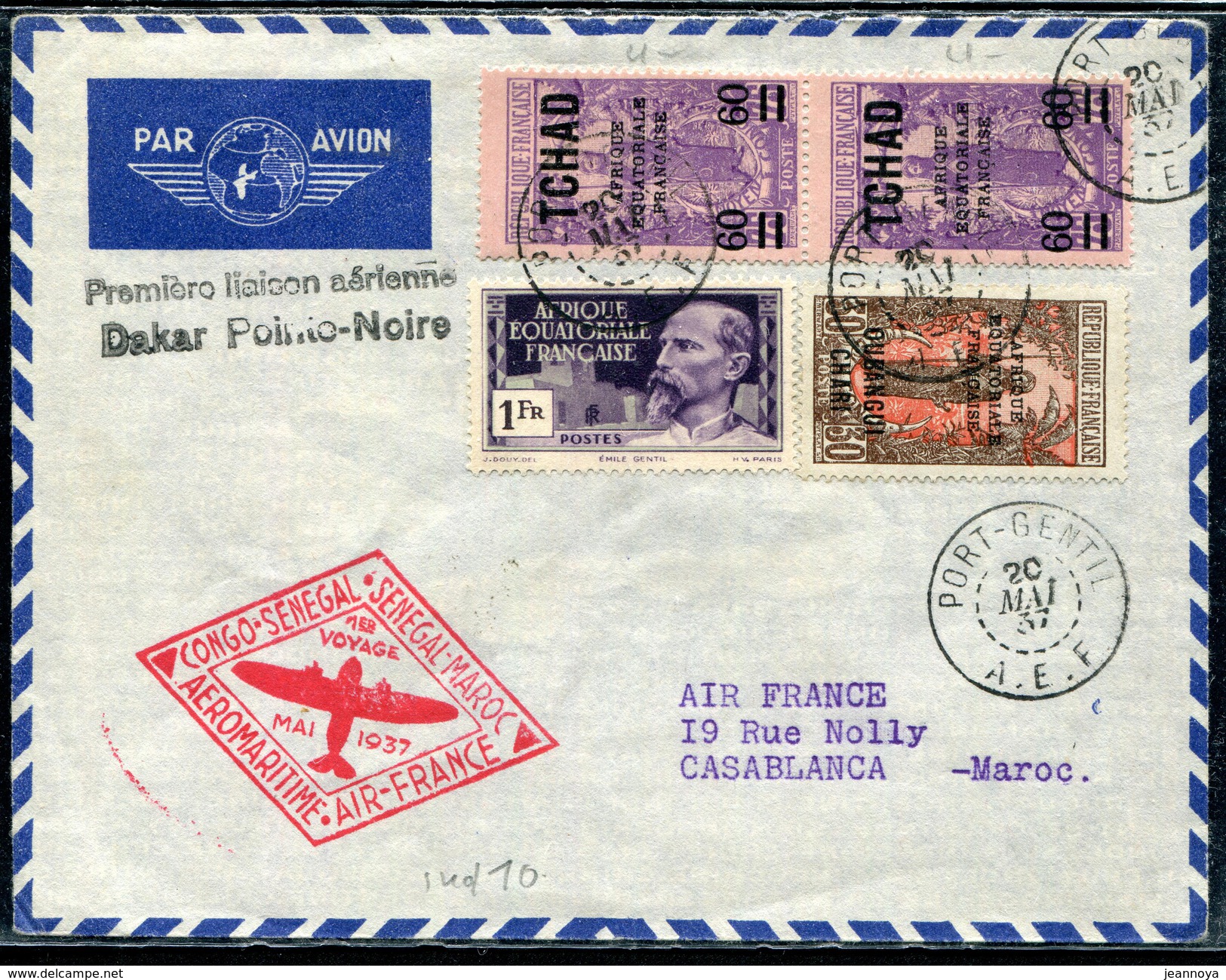 TCHAD - N° 32 (2) + AEF N° 82 + OUBANGUI N° 64 / VOL AVION DE PORT GENTIL LE 20/5/1937, 1er. VOL DAKAR POINT NOIRE - LUX - Storia Postale