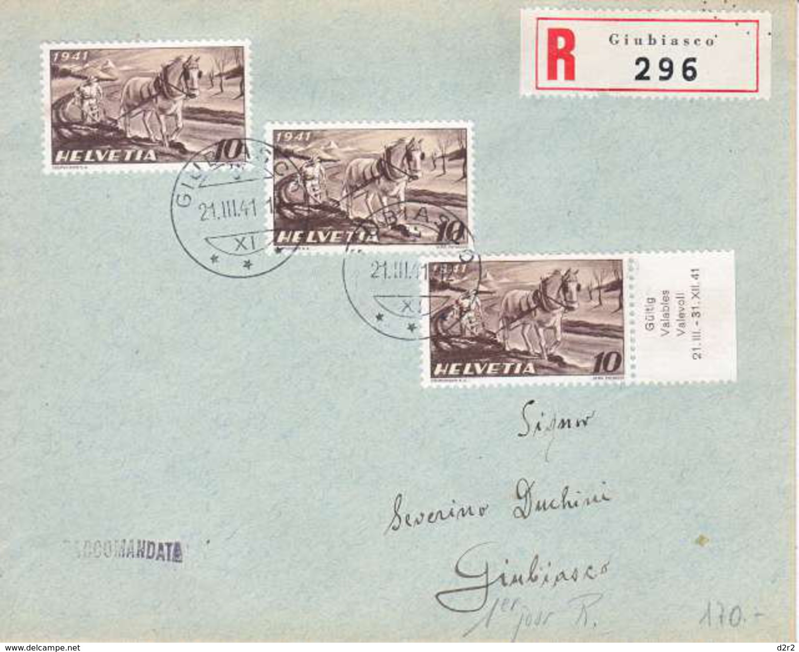 252 SUR RECOMMANDE POUR GIUBIASCO -3 EXEMPLAIRE- 1ER JOUR ( 21.03.41) + TACHE SUR LE E DANS LE 1ER TIMBRE - COTE 170.--+ - Storia Postale