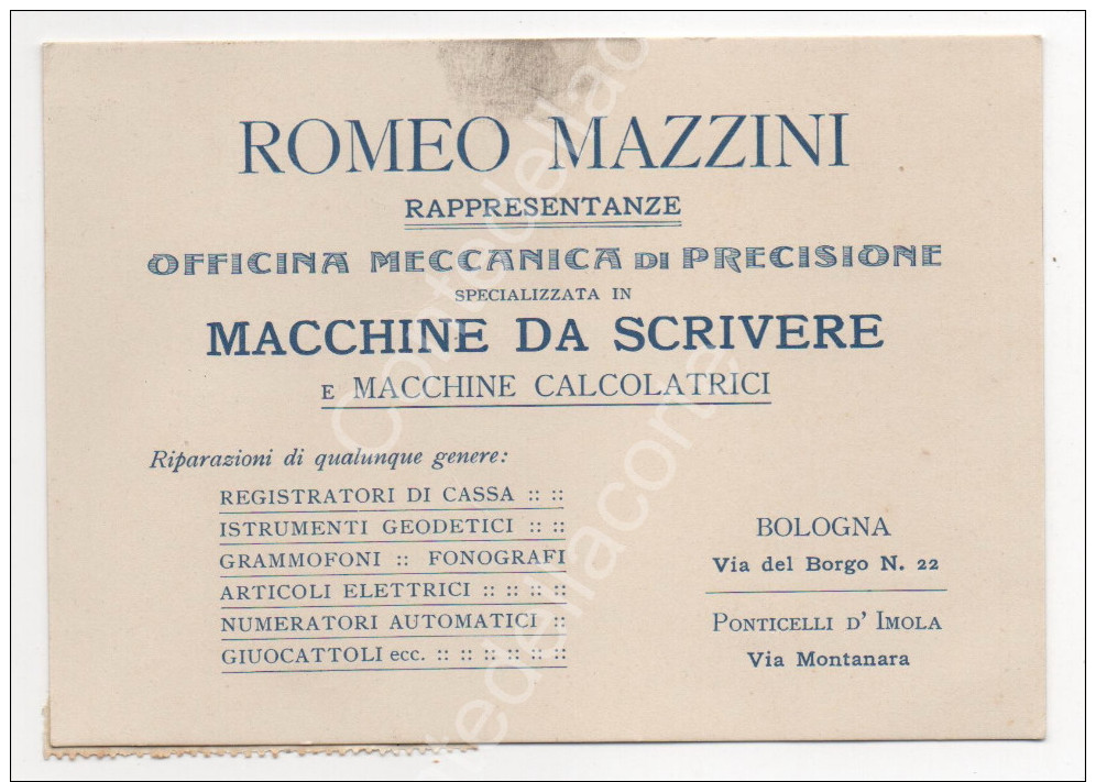 ROMEO MAZZINI - MACCHINE DA SCRIVERE E CALCOLATRICI (BOLOGNA IMOLA) FATTURA RICEVUTA FORMATO CARTOLINA PUBBLICITA - 1916 - Italia