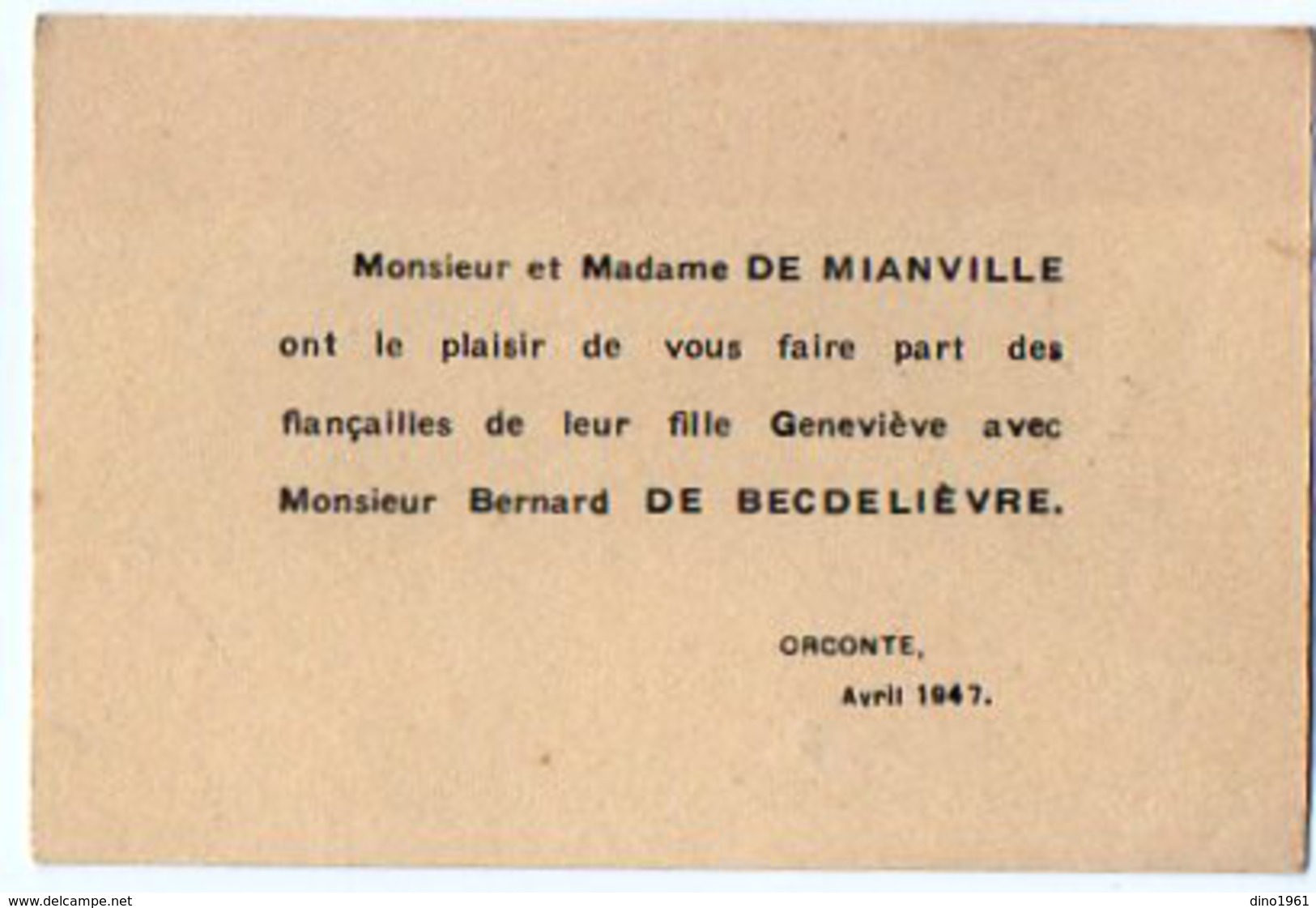 VP6557 - Faire Part De Fiançaille De Geneviève De MIANVILLE Avec Mr Bernard De BECDELIEVRE à ORCONTE - Verloving