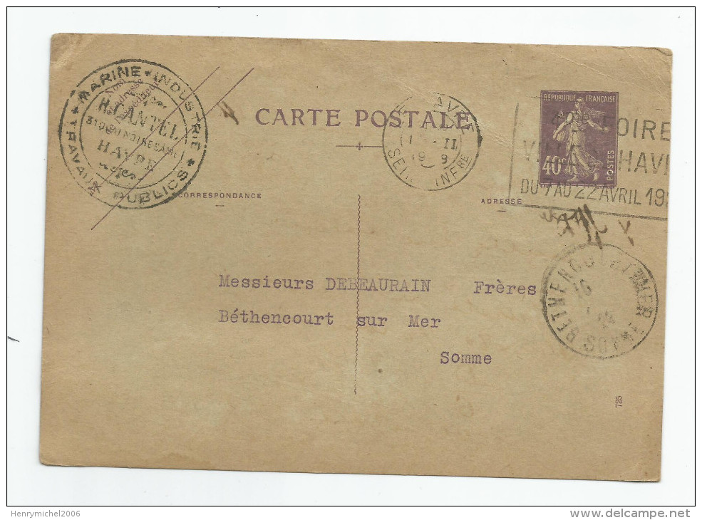 Marcophilie - Le Havre 76 Seine Maritime Cachet  Travaux Publics Marine Industrie  Entier Postal 40c Semeuse 1929 - Cartes Postales Types Et TSC (avant 1995)