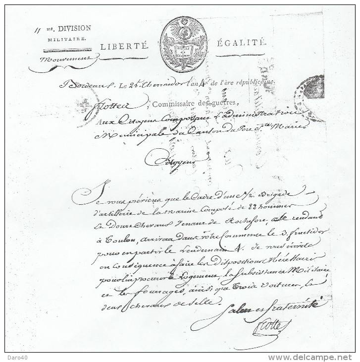 Lettre De  Bordeaux Du 25 Thermidor De L'an 4 Soit Du 12.08.1796 - 1701-1800: Precursori XVIII