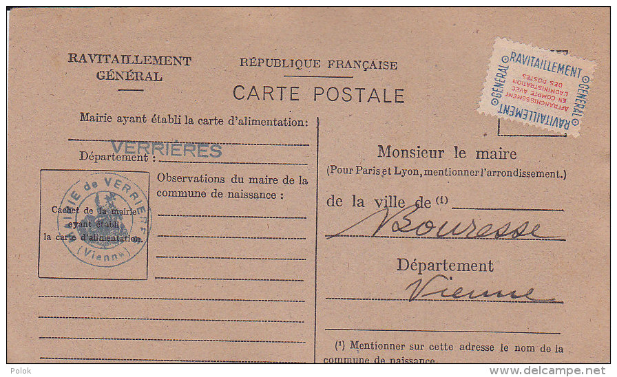 Be - VERRIERES (86) Ravitaillement Général Pour Le Maire De BOURESSE (86) Carte Postale Fiche De Contrôle - Otros & Sin Clasificación