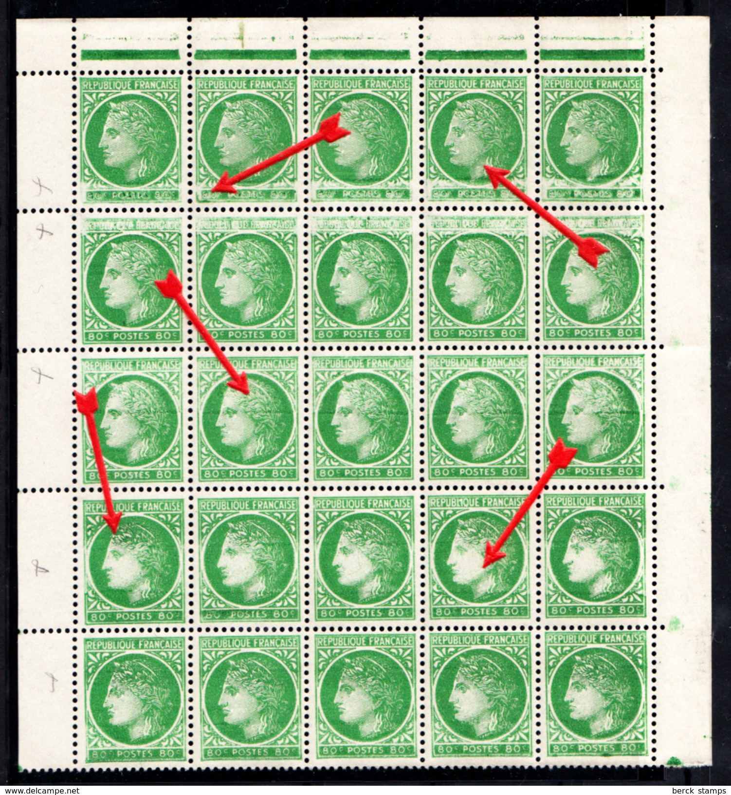 FRANCE - N° 675 - 80c VERT MAZELIN - BLOC DE 25 AVEC VARIETES DIVERSES. - Unused Stamps