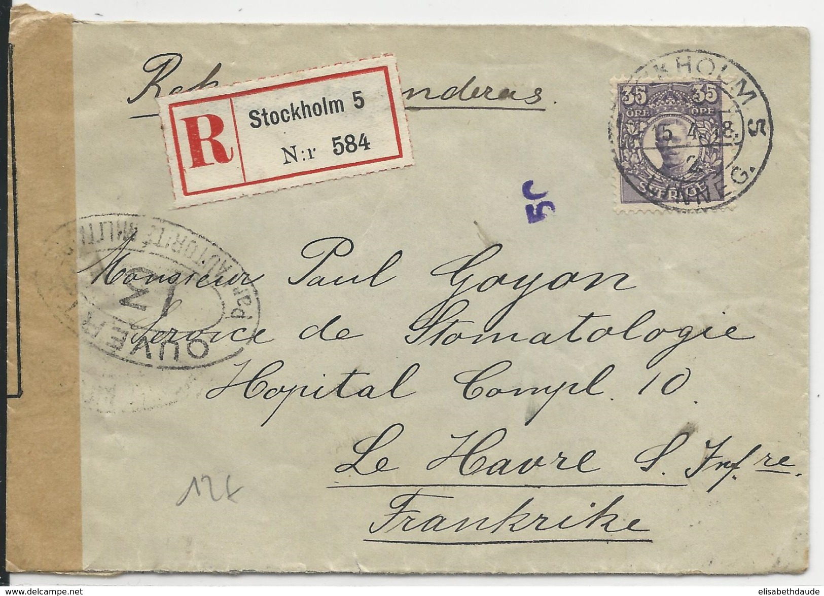 SUEDE - 1918 - ENVELOPPE RECOMMANDEE De STOCKHOLM Avec CENSURE FRANCAISE Pour LE HAVRE - Covers & Documents