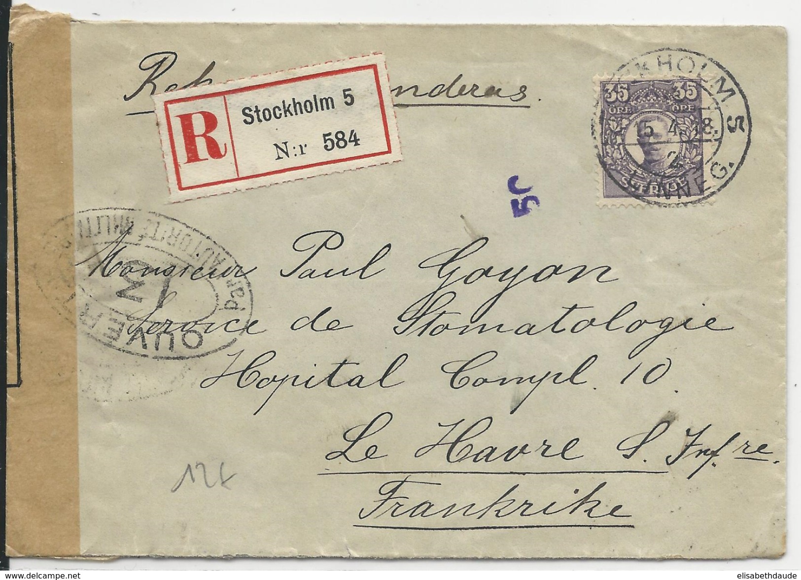SUEDE - 1918 - ENVELOPPE RECOMMANDEE De STOCKHOLM Avec CENSURE FRANCAISE Pour LE HAVRE - Briefe U. Dokumente