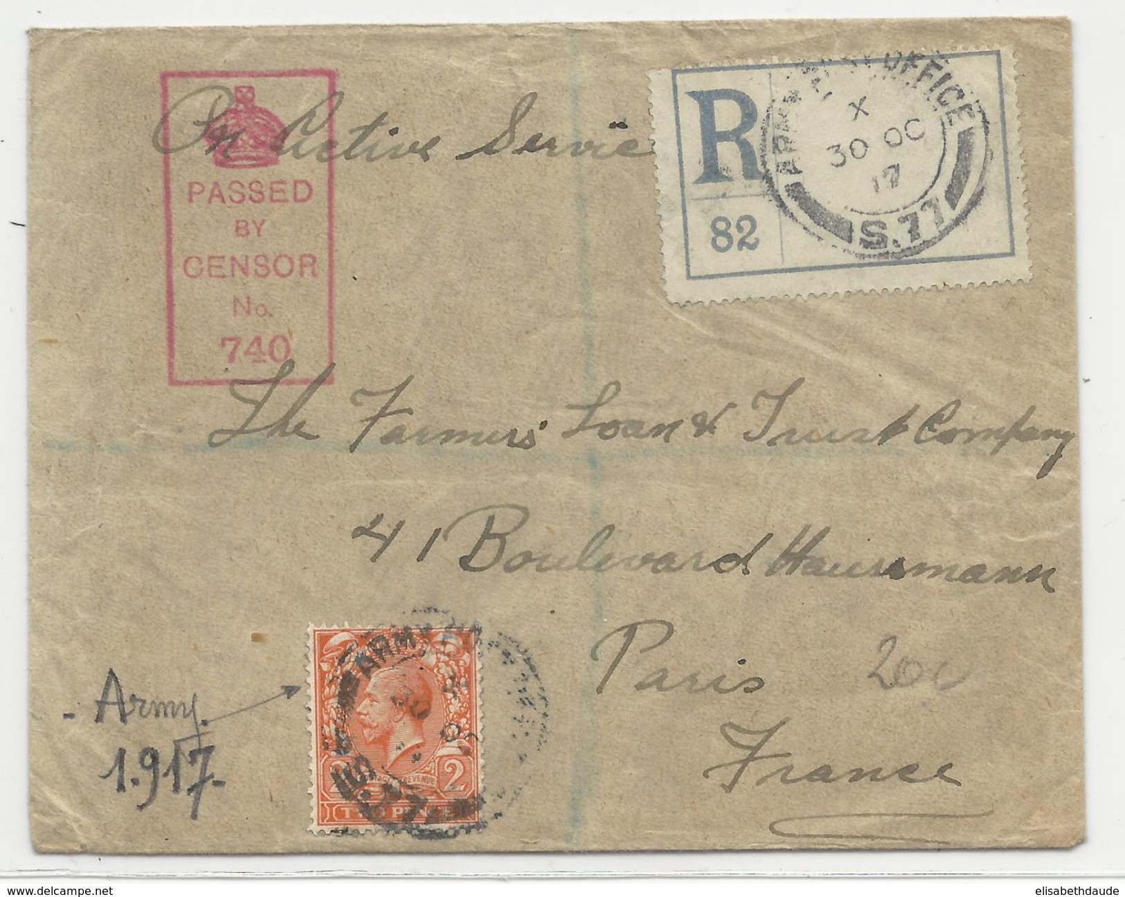 GB - 1917 - ENVELOPPE RECOMMANDEE Du SECTEUR MILITAIRE N°77 Avec CENSURE Pour PARIS - Marcofilia