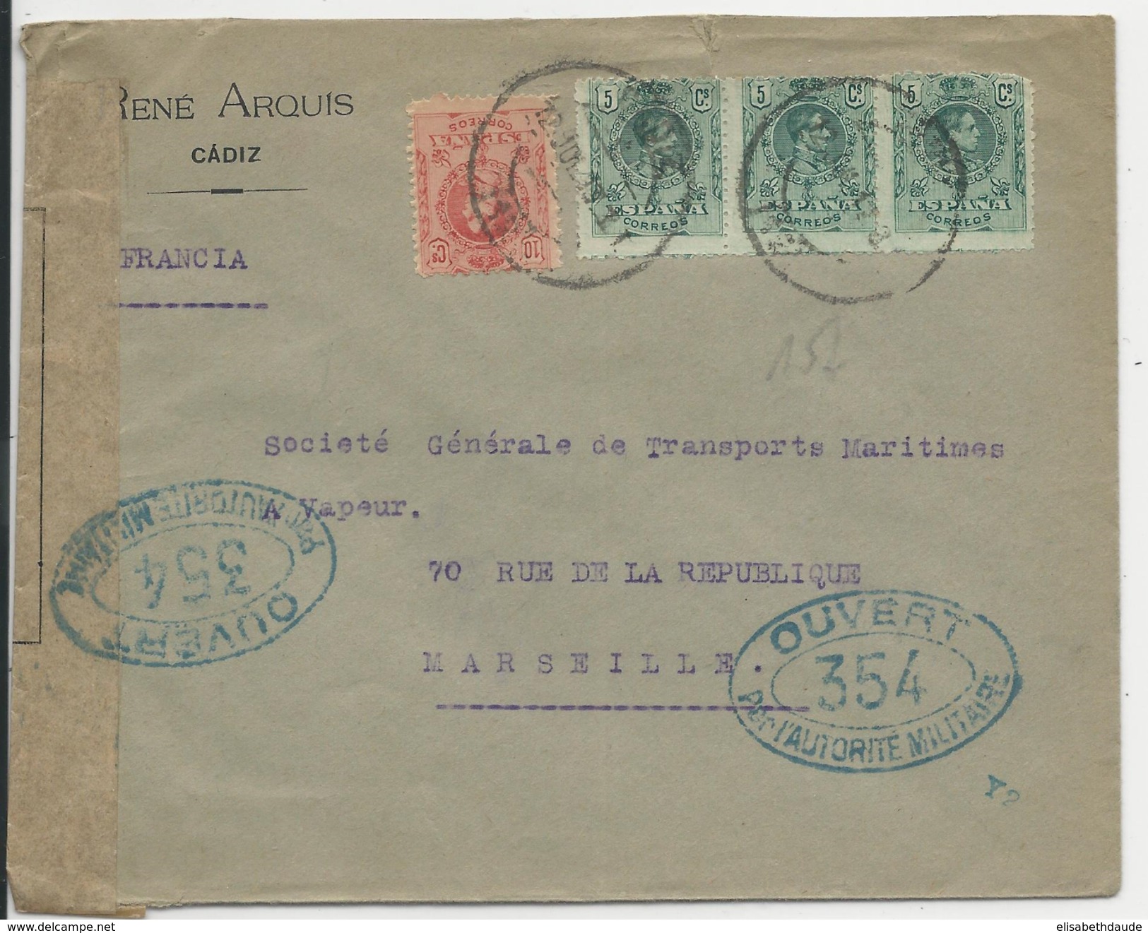 ESPAGNE - 1917 - ENVELOPPE De CADIZ Avec CENSURE FRANCAISE Pour MARSEILLE - Briefe U. Dokumente
