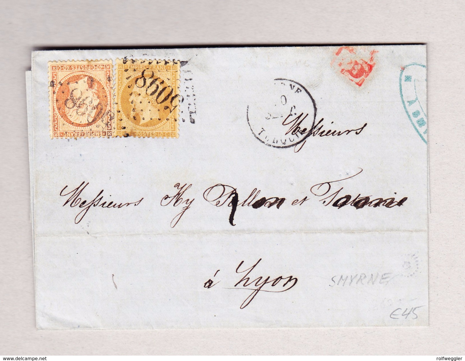 Frankreich SMYRNE 20.9.1868 Turquie Brief Nach Lyon Mit Napoleon 10 Und 40c Gest.#5098 - Napoléon III