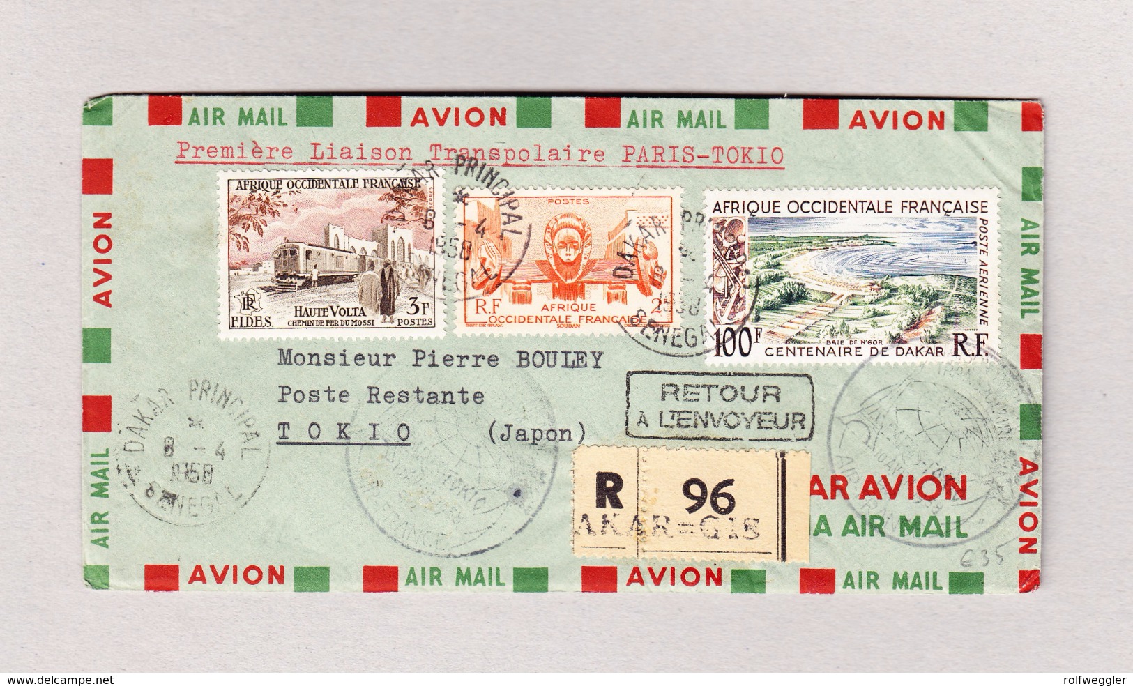 Frankreich A.O.F. DAKAR 8.4.1958 SENEGAL R-Luftpostbrief Nach Japan Erstflug Paris-Tokio - Lettres & Documents