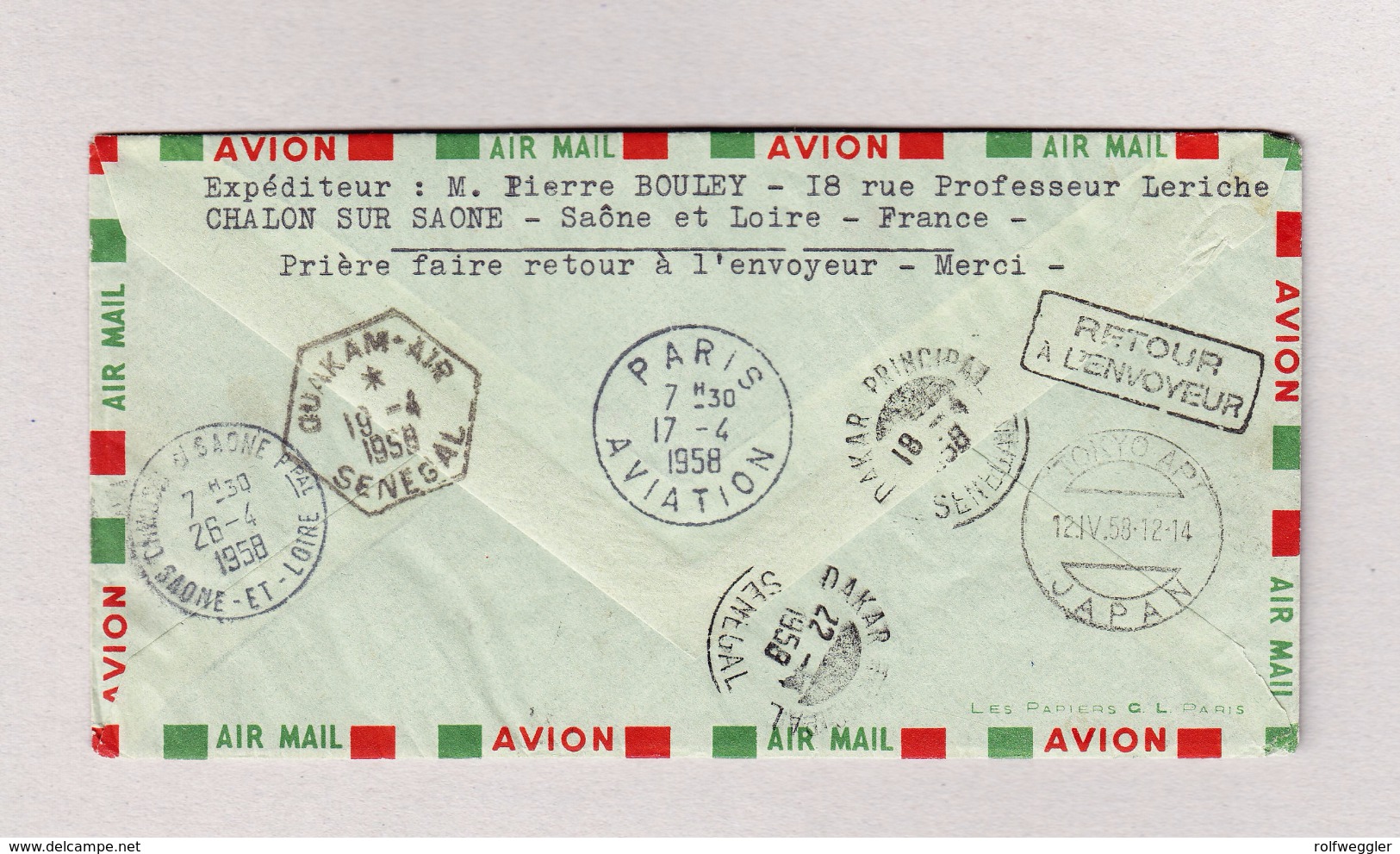 Frankreich A.O.F. DAKAR 8.4.1958 SENEGAL R-Luftpostbrief Nach Japan Erstflug Paris-Tokio - Lettres & Documents