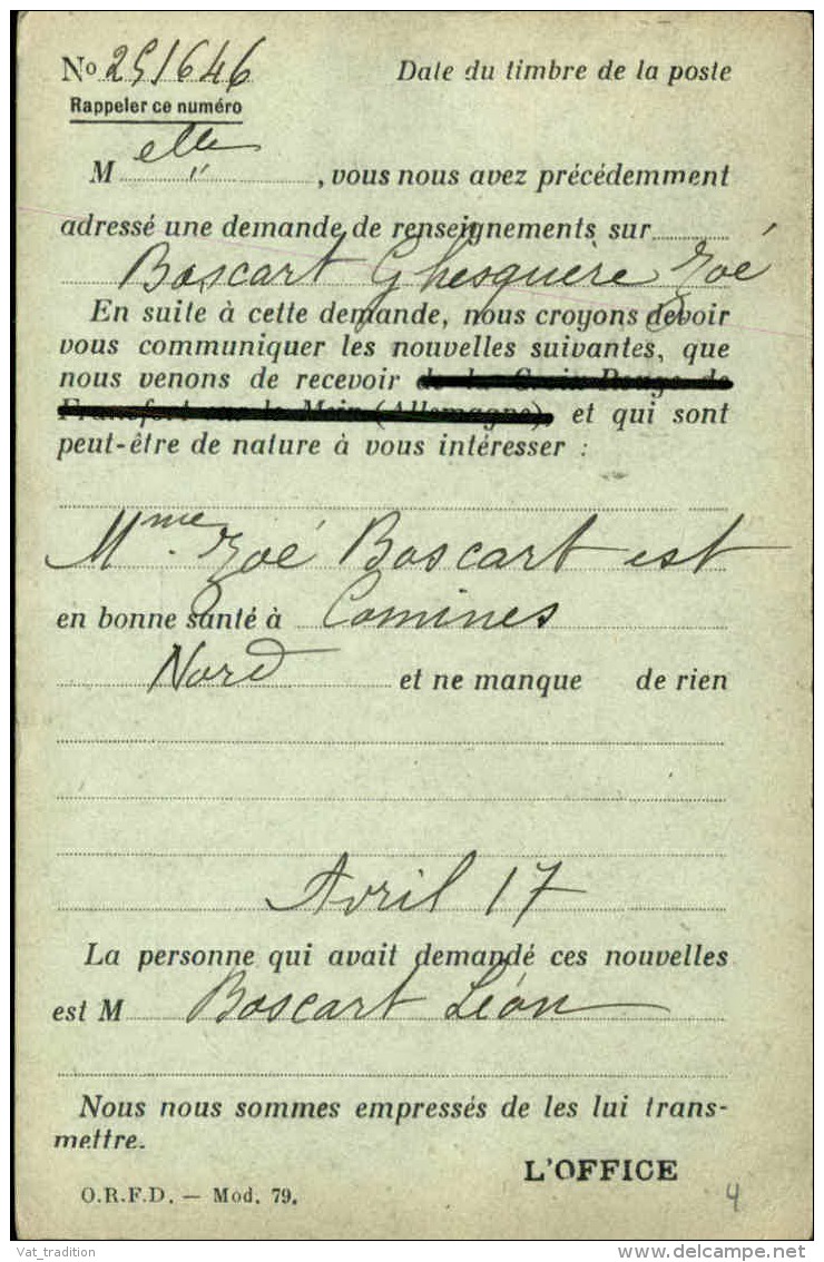 FRANCE - Carte Postale Officielle De Renseignements Pour Les Familles Dispersées En 1917 - A Voir - L 5610 - 1877-1920: Période Semi Moderne