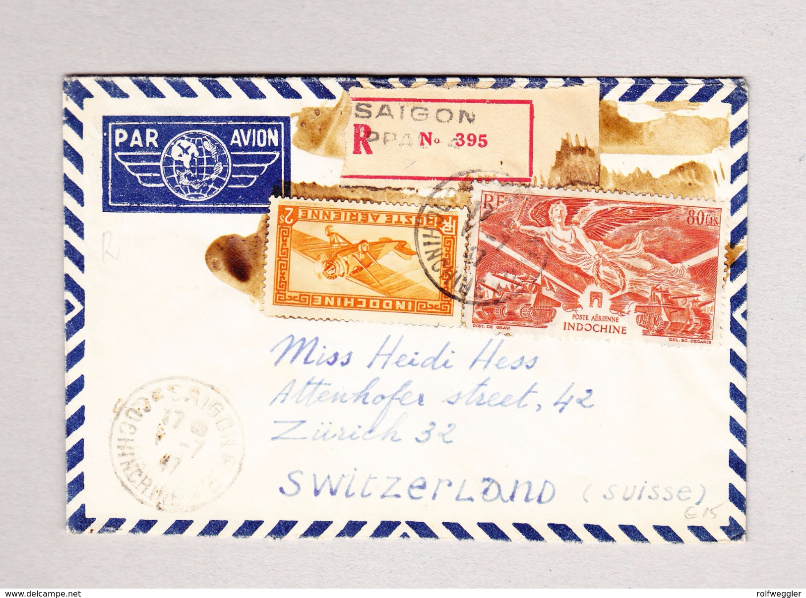 Frankreich Indochina SAIGON 1.7.1947 Luftpost R-Brief Nach Zürich - Poste Aérienne