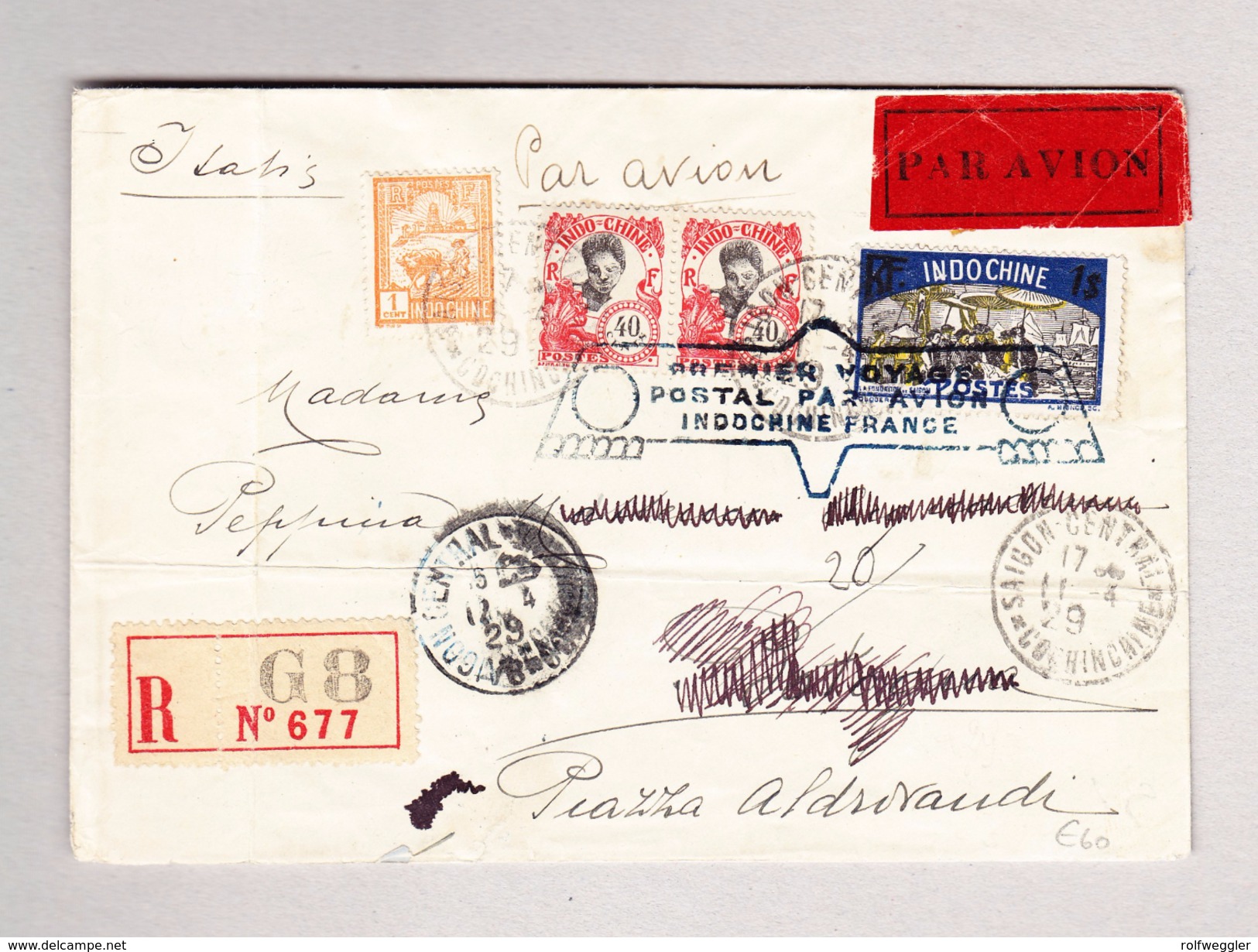 Frankreich Indochina SAIGON 11.4.1929 Luftpost R-Brief Nach Italien Stempel 1er Voyage Postal Par Avion Indochine-France - Luchtpost