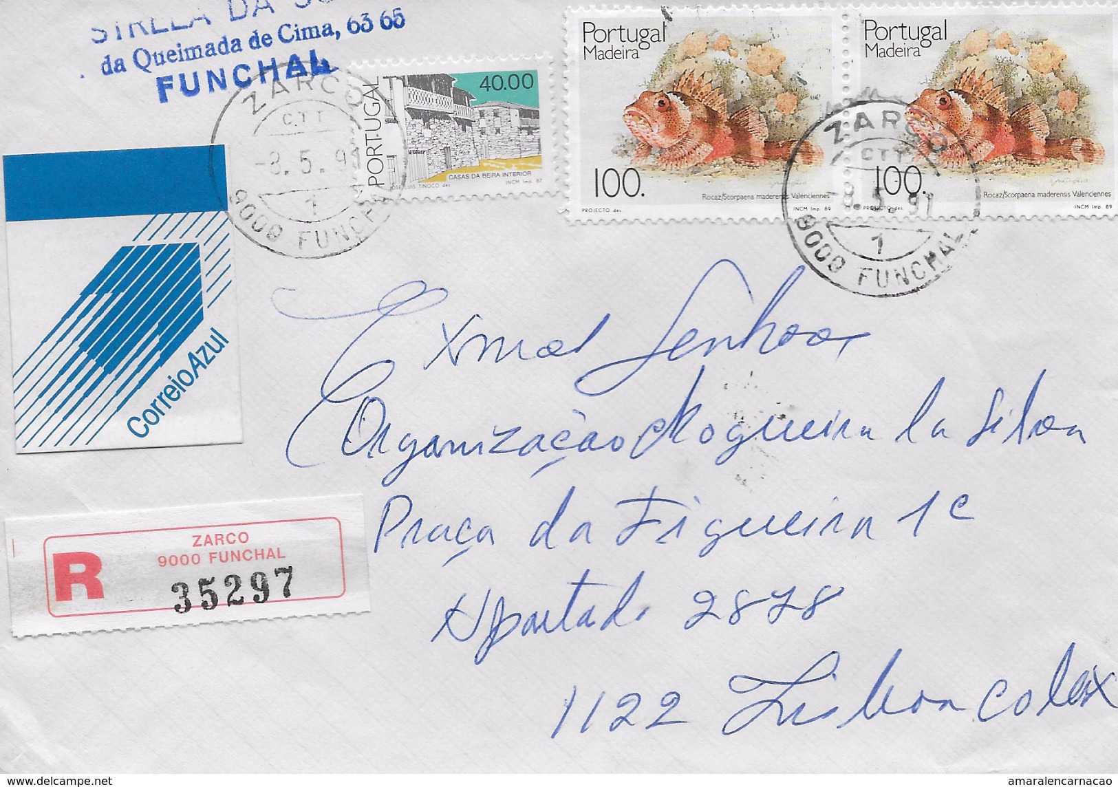 TIMBRES - STAMPS - LETTRE RECOMMANDÉ - REGISTERED LETTER - PORTUGAL -1989- POISSONS ÎLE MADEIRA -  Scorpaena Madeirensis - Lettres & Documents