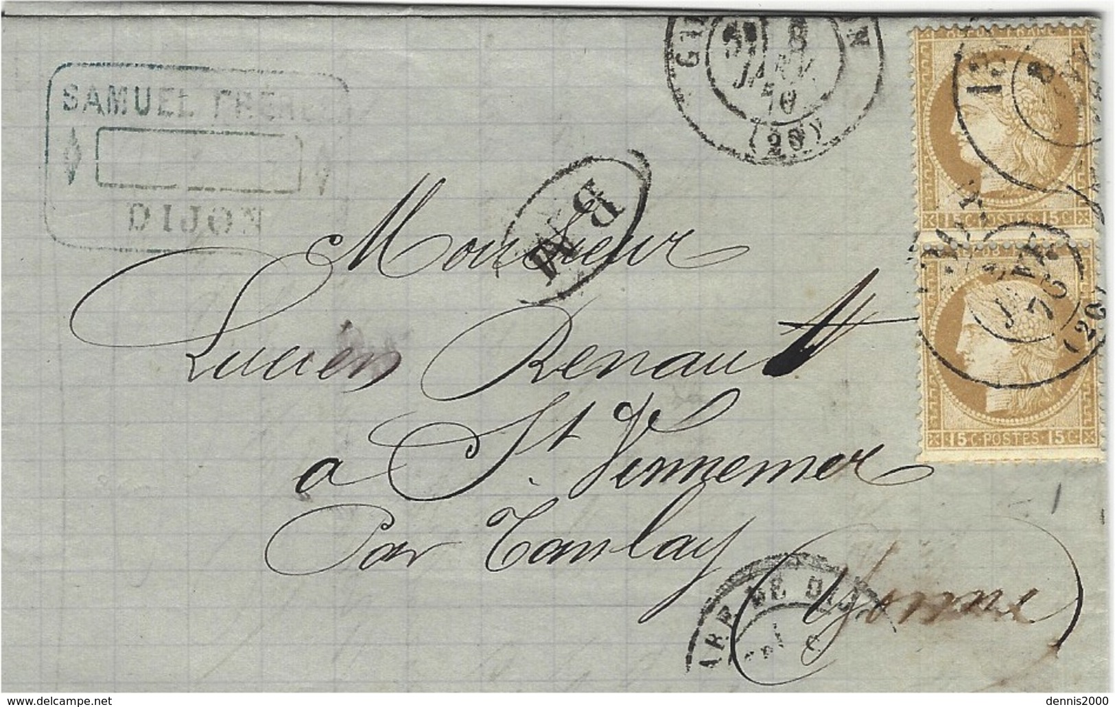 1876- Lettre De DIJON  ( Côte D'Or )  Cad T17  GARE DE DIJON + B M  +  Affr. Paire N° 55 Oblit. Cad Bureau De Passe 1307 - 1849-1876: Classic Period