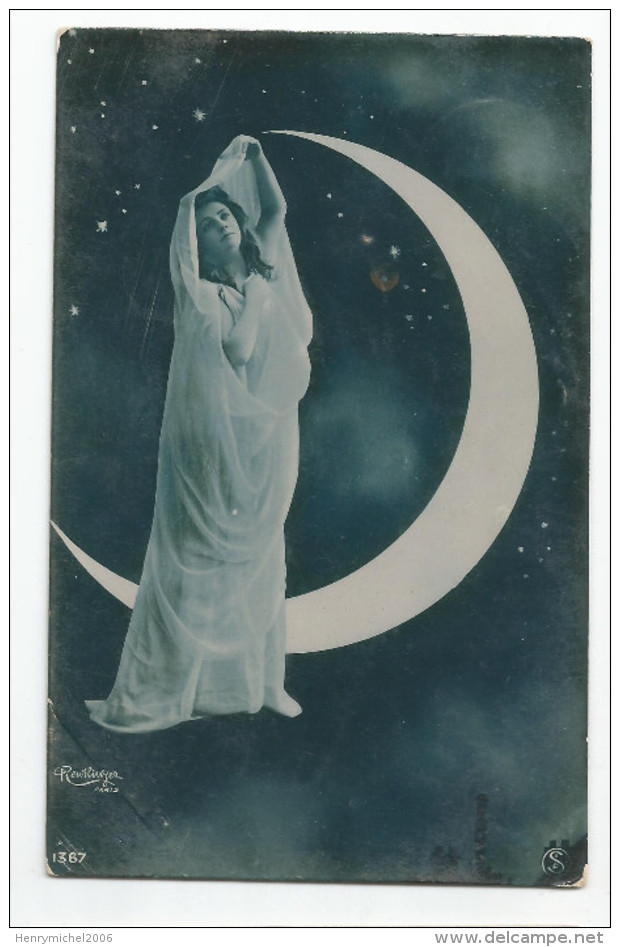 Femme Dans Décor Montage Photo Nuit Croissant De Lune 1907 - Donne