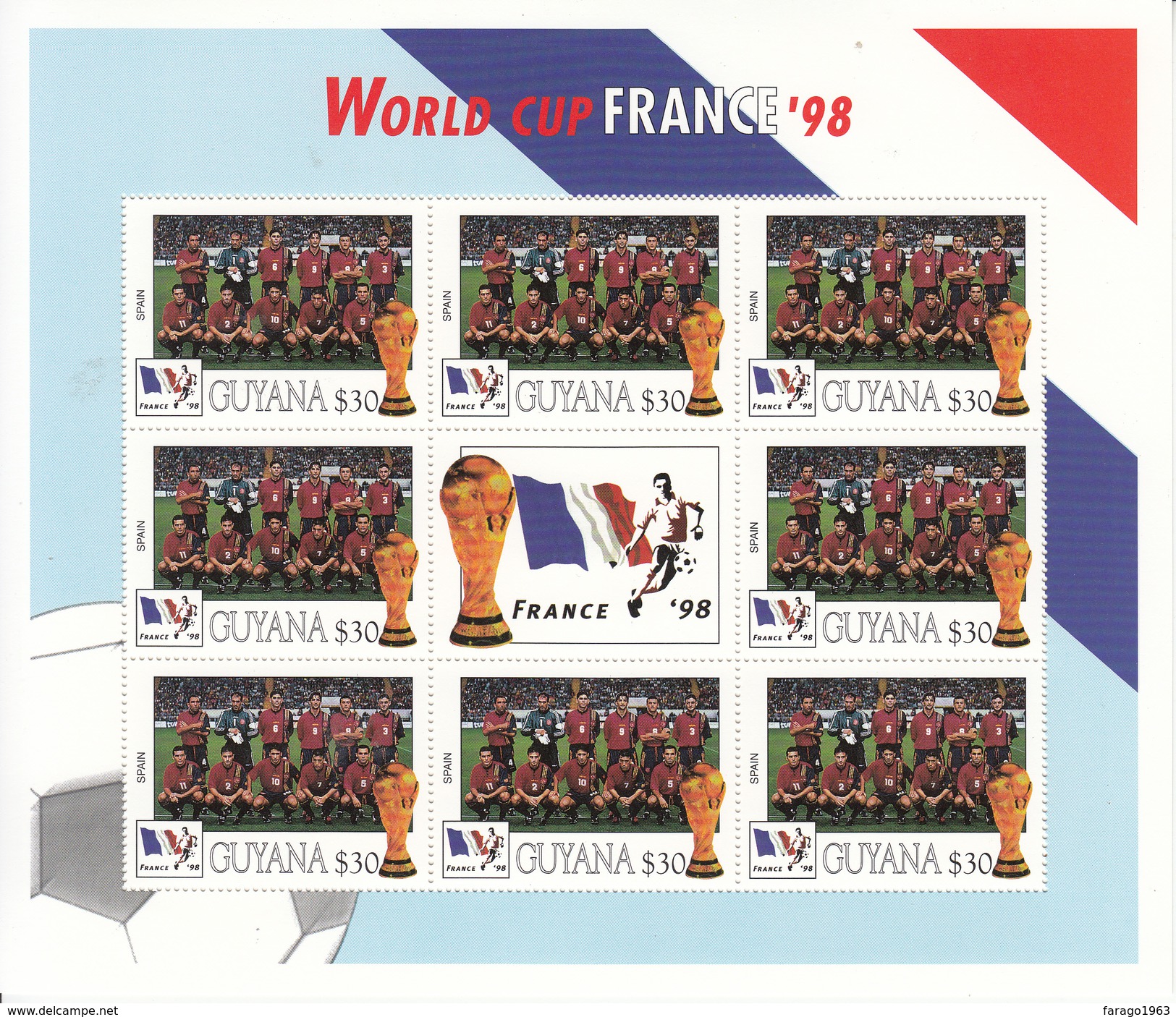 1998 Guyana Copa Del Mundo Fútbol Francia Equipo España Miniatura Hoja De 8 Gran Regalo De Navidad - 1998 – France