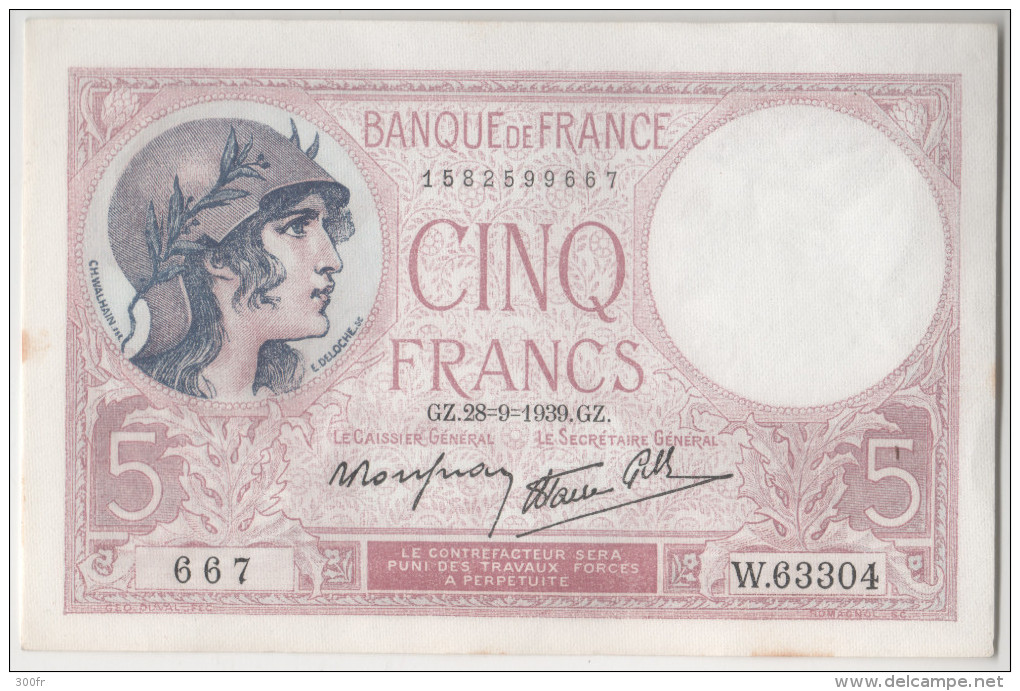 BILLET FRANCE 5 FRANCS VIOLET  TYPE 1917 MODIFIE GZ.28=9=1939 667 W 63304 - 5 F 1917-1940 ''Violet''