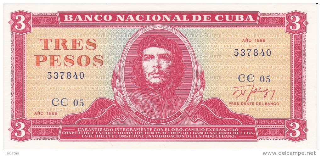 BILLETE DE CUBA DE 3 PESOS DEL AÑO 1989 DEL CHE GUEVARA (BANKNOTE) SIN CIRCULAR-UNCIRCULATED - Cuba