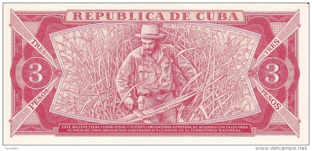 BILLETE DE CUBA DE 3 PESOS DEL AÑO 1989 DEL CHE GUEVARA (BANKNOTE) SIN CIRCULAR-UNCIRCULATED - Cuba