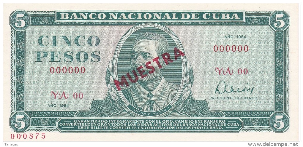 MUESTRA BILLETE DE CUBA DE 5 PESOS DEL AÑO 1984 DE ANTONIO MACEO (SPECIMEN) (BANKNOTE) SIN CIRCULAR-UNCIRCULATED - Cuba