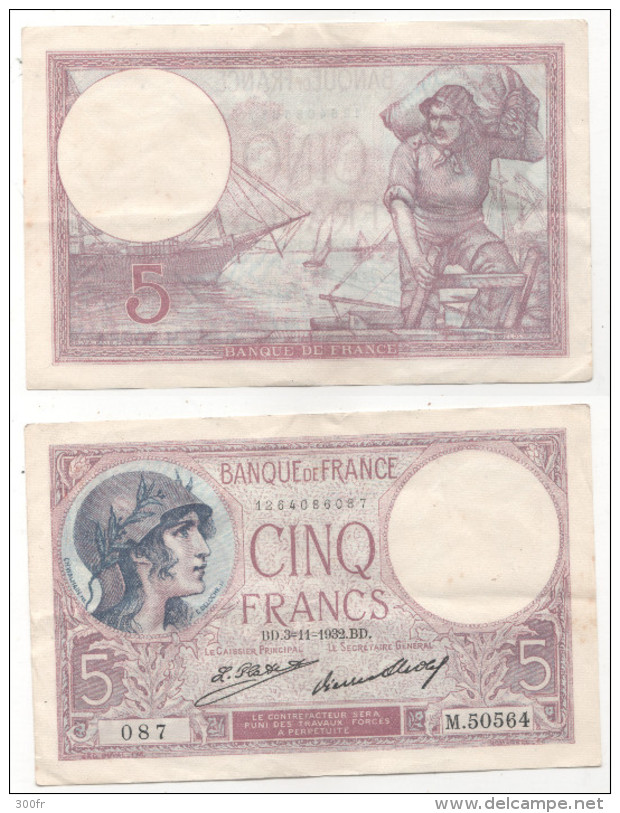 BILLET FRANCE 5 FRANCS VIOLET  TYPE 1917 BD.3=11=1932.BD 087 M.50564 - 5 F 1917-1940 ''Violet''