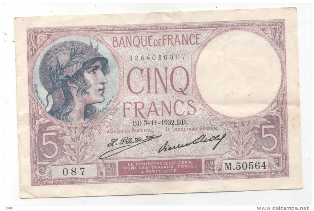 BILLET FRANCE 5 FRANCS VIOLET  TYPE 1917 BD.3=11=1932.BD 087 M.50564 - 5 F 1917-1940 ''Violet''