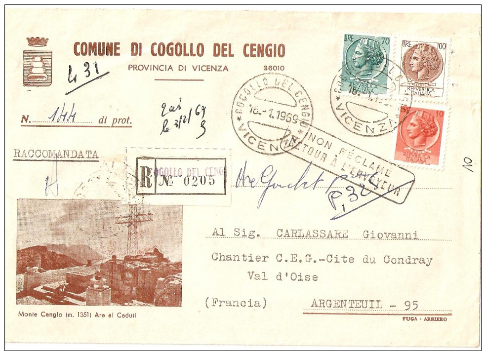 BUSTA COMUNALE INTESTATA "COMUNE DI COGOLLO DEL CENGIO" CON VEDUTA DEL MONTECENGIO  (M1351 ARA AI CADUTI - CROCE) - 1961-70: Storia Postale