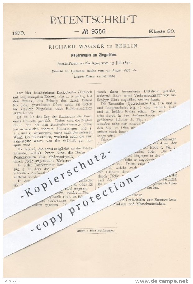 Original Patent - Richard Wagner In Berlin , 1879 , Ziegelofen , Ziegelöfen | Ofen , Öfen , Ziegel , Ziegelei , Brenner - Historical Documents