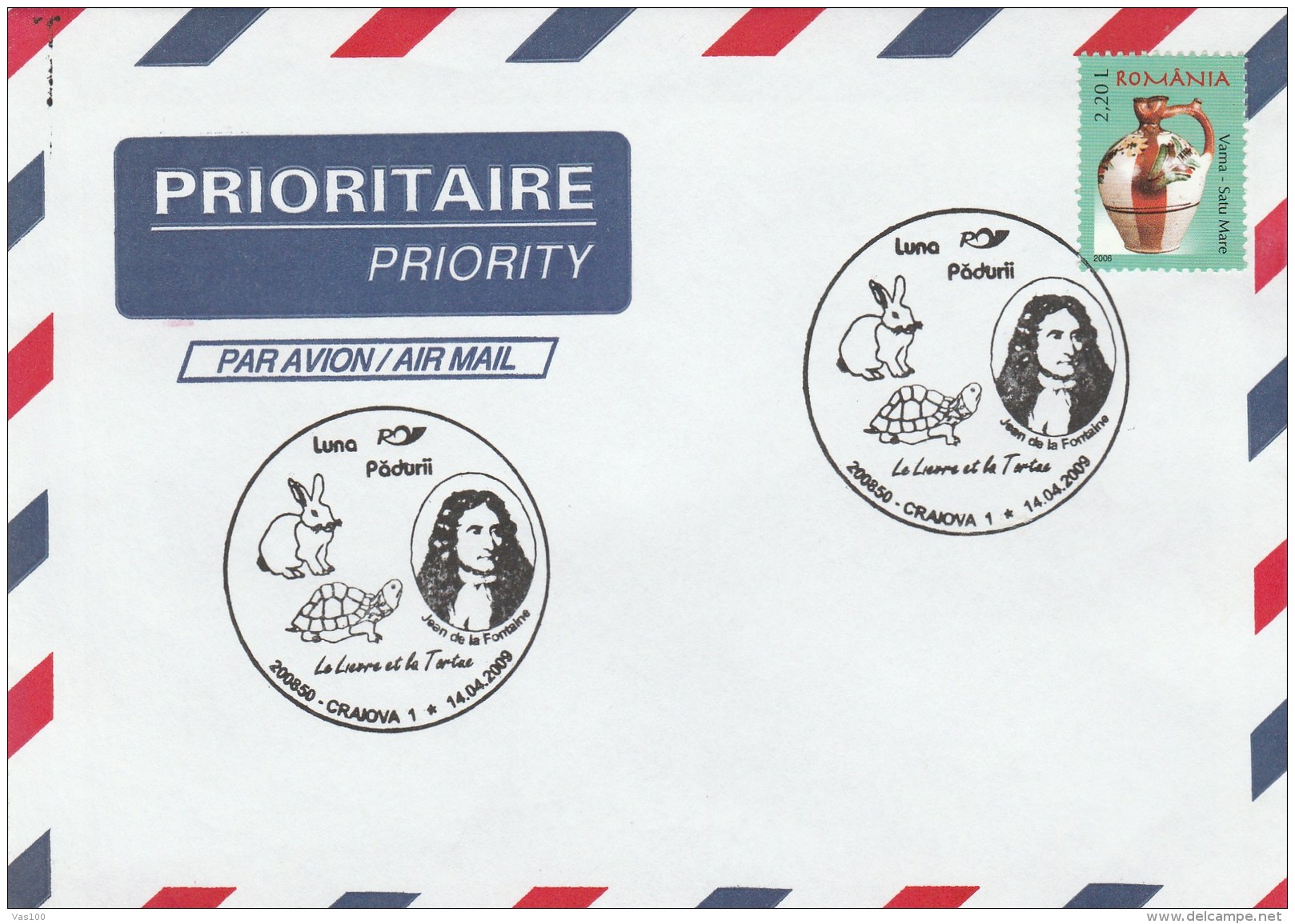 #BV58230 PRIORITY AIRMAIL, ANIMALS, JEAN DE LA FONTAINE, COVER WITH STAMP, OBLITERATION CONCORDANTE,UNUSED, 2009, ROMANI - Covers & Documents