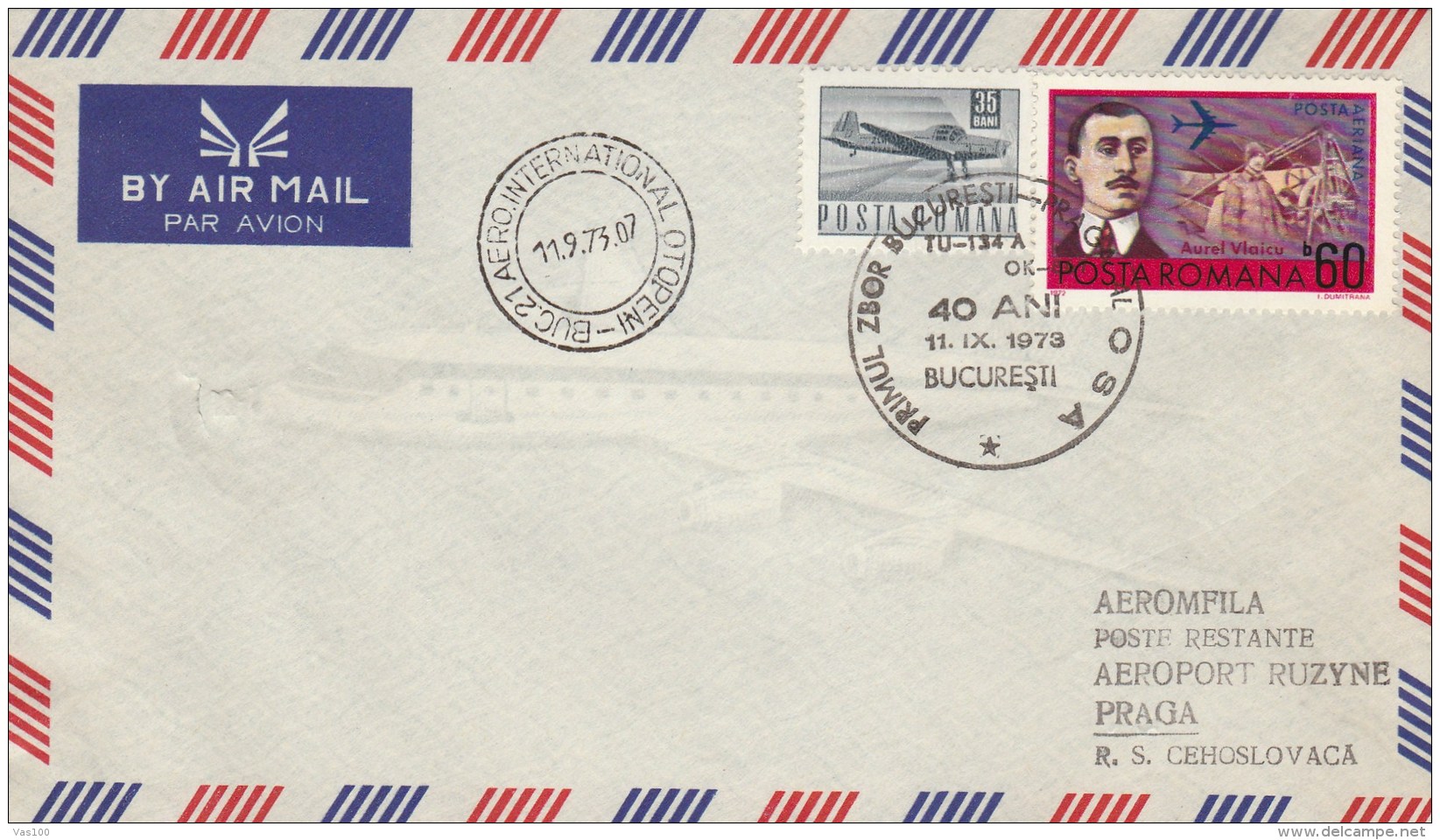 #T402  AIRMAIL,AUREL VLAICU,PLANE,AERO INTERNATIONAL OTOPENI, COVER WITH STAMPS, OBLITERATION CONCORDANTE, 1973, ROMANIA - Covers & Documents