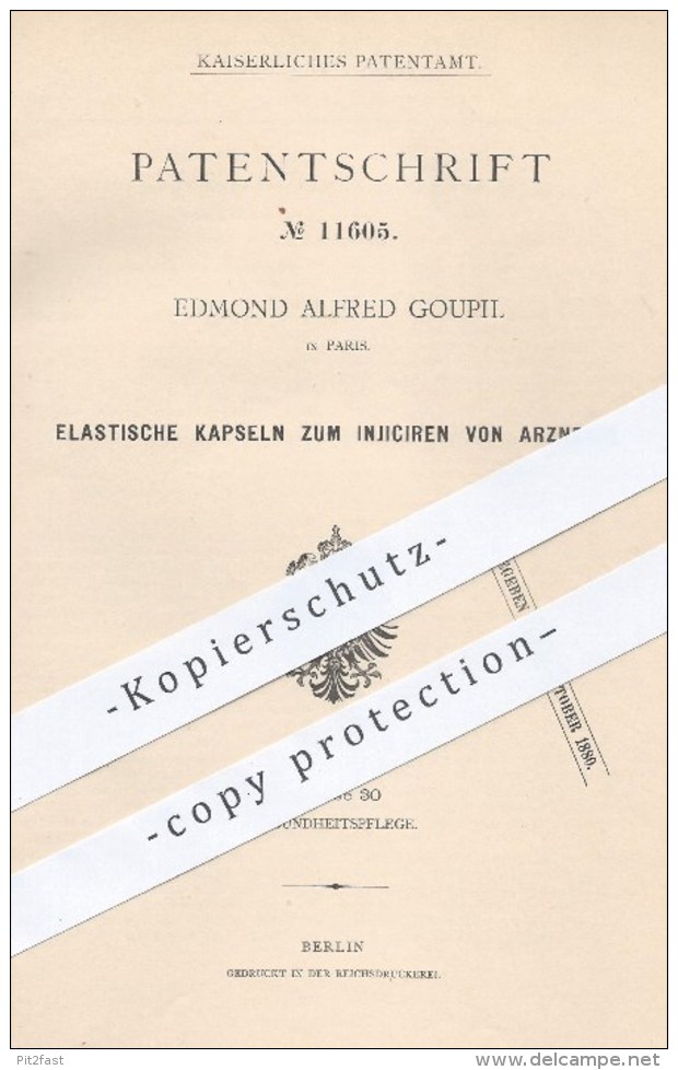 Original Patent - Edmond Alfred Goupil , Paris , 1880 , Kapseln Zum Injizieren Von Arznei | Medizin , Arzt , Medikamente - Historische Dokumente