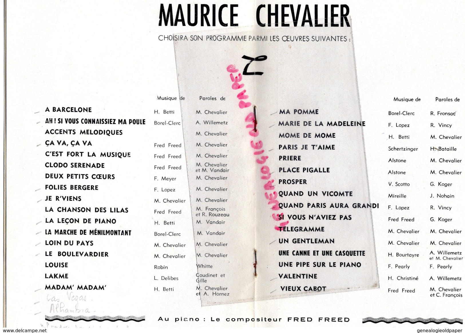 PROGRAMME MAURICE CHEVALIER - PIANO- FRED FREED- THEATRE VARIETES PARIS- DISCOURS SACHA GUITRY-ELVIRE POPESCO-DE MALLET - Programme