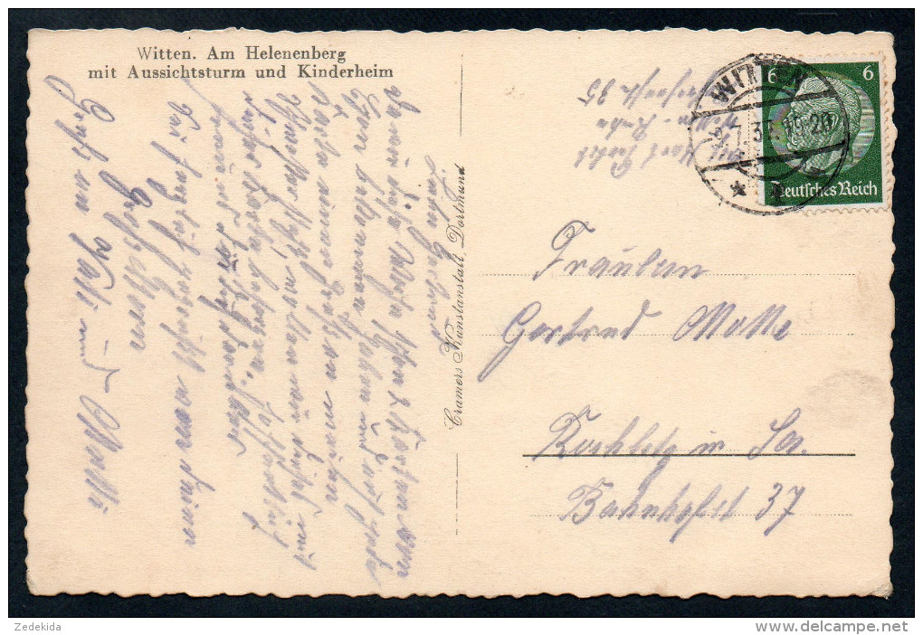 7483 - Alte Ansichtskarte - Witten Am Helenenberg Aussichtsturm Und Kinderheim - Gel - 1937 - Cramer - Witten