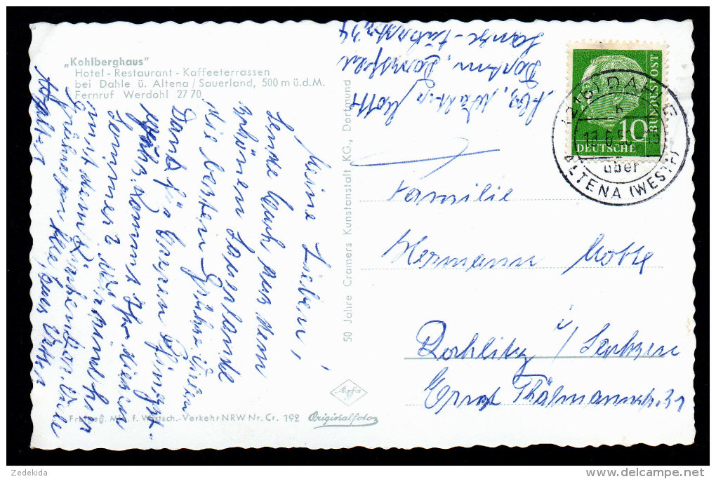 7374 - Alte Ansichtskarte - Kohlberghaus - Gaststätte Restaurant Bei Dahle Altena - Landpost Landpoststempel - 1958 - Altena