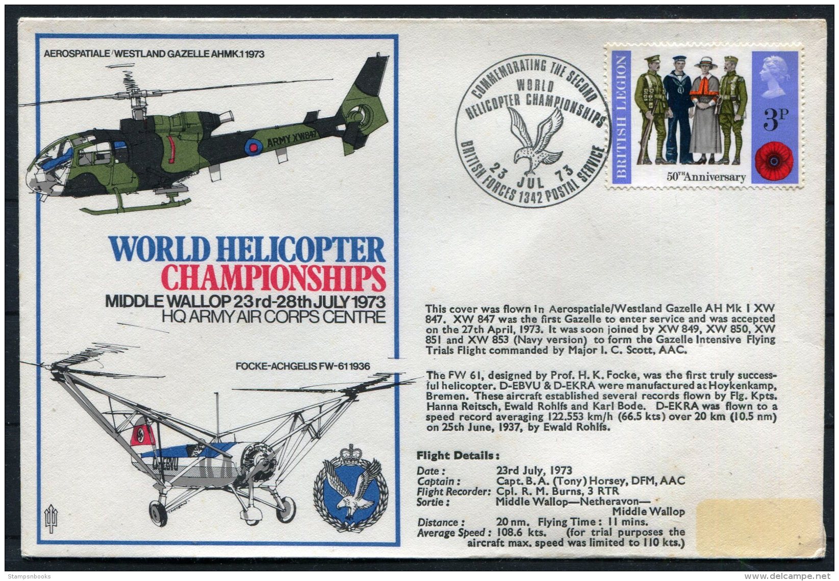 1973 GB Royal Air Force Flight Cover. BFPS Westland Helicopter Middle Wallop - Covers & Documents